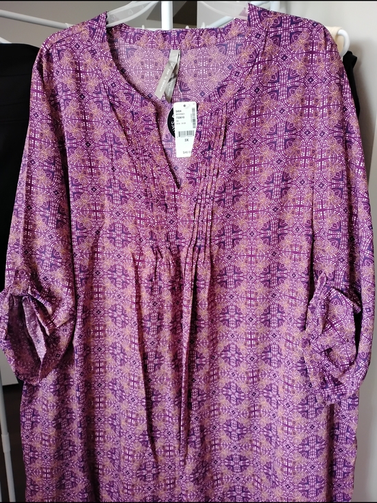 Penningtons Tops - Penningtons Women's Pleated Split Neckline Purple Printed 3/4 Sleeve Blouse Top